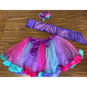 K-Acc Girls Birthday Outfit Tutu Skirt Birthday Girl Sash Hair Bow Rainbow 9-10Y
